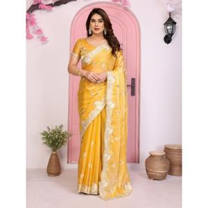 Sari de fête pour femmes, design de créateur, tissu Zain Exports, FENDY, en soie chiffon, broderie, bordure à passepoil, réversible - Product Image 1