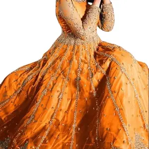 Donne design più recente abiti formali perfetti per le occasioni, fusi con il colore arancione intenso con piatti anteriori in pizzo ricamato