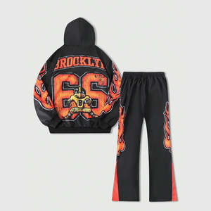 ชุดเซ็ตแทรคสูทลำลองสำหรับผู้ชาย เสื้อฮู้ดซิปพิมพ์ลายตัวอักษรและเปลวไฟ พร้อมกางเกงขายาวทรงกว้างมีเชือกผูกเอว สินค้าขายส่งกำลังเป็นที่นิยม - Product Image 6