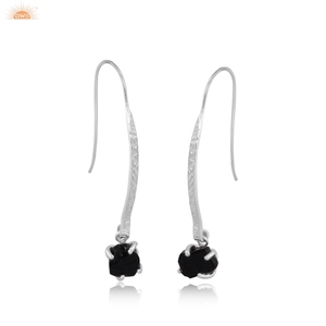 Natural <b>Black</b> Obsidian Raw Gemstone Stylish Prong Set <b>Dangle</b> <b>Earrings</b> 925 Sterling SIlver <b>Earrings</b> Gift For Women - Product Image 2
