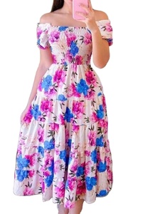 Verano de gran tamaño hombro abierto estampado flor rota bordado largo hasta el suelo ropa de calle de playa cintura Natural para mujer - Product Image 2