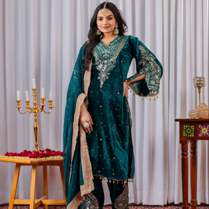FABZONE Vintage Party Wear Heavy Viscose Velvet Quick Dry <b>Top</b> Plazzo & Dupatta Set for Women All Seasons - Product Image 1