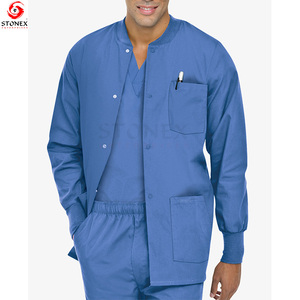 <b>Men's</b> Round Neck Rib Knit Trim Snap Front <b>Long</b> Sleeve Scrub <b>Jacket</b> Breathable Hot Sale Scrub <b>Jackets</b> - Product Image 2