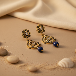Women's Gold-Plated Lapis Lazuli Dangle Earrings Statement Jewelry with Pearl and Diamond for Wedding or Gift - Product Image 3