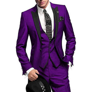 Últimos trajes morados novio boda 3 piezas vestido Blazer chaleco pantalón hombres doble botonadura rayas hombres negocios Casual estambre traje - Product Image 1