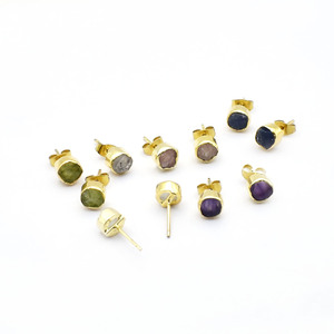 Raw Herkimer Collet <b>Stud</b> <b>Earring</b>, Size 8-10 mm, Gold Plated With Push Back <b>Earring</b>, Birthstone Gemstone <b>Earring</b> For Women - Product Image 5