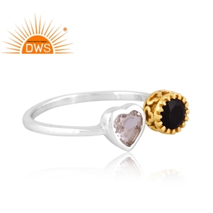 Anillo ajustable de piedras preciosas de ónix negro y cuarzo de cristal Natural de plata de ley fina, fabricante de joyería personalizada - Product Image 2