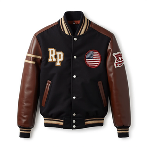 Elegante chaqueta de bombardero de camuflaje con mangas de cuero de lana Unisex producida en fábrica costura ordenada artesanía de alta calidad - Product Image 1