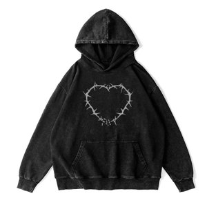 Noir sérigraphie goutte épaule soleil délavé en détresse acide lavé lourd pull à capuche pour hommes femmes - Product Image 6