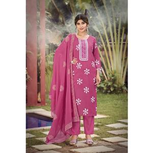 Conjunto de vestido Kurti estampado de algodón indio con pantalón Dupatta, ropa de verano étnica para mujer, parte inferior superior para la cultura india y pakistaní - Product Image 1