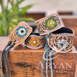 Best Selling Tooled Leather Fringe <b>Bracelet</b> for Women Handmade Genuine Leather Floral Studs Cuff Western Cowgirl Style Wristband - Product Image 1
