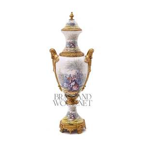 Antique brass and porcelain decorative <b>vase</b> with hand painted classical scene ornate detailing <b>vintage</b> inspired design - Product Image 1