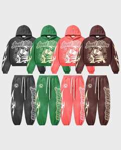 Fabricantes de algodón estampado gráfico pulóver con capucha y pantalones de chándal Sun Faded ácido lavado pesado chándal con cordón - Product Image 5