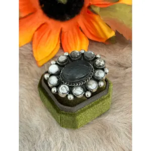 Navajo Handmade White Buffalo Sterling <b>Silver</b> <b>Adjustable</b> Cluster <b>Ring</b> - Product Image 4