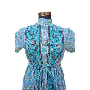 Robe longue en coton imprimé floral à col roulé et manches courtes, tricotée, écologique, moderne, simple, style décontracté pour le jardin et l'extérieur - Product Image 4