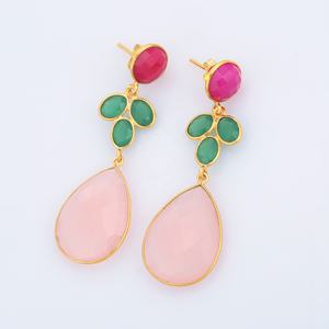 Elegant Multi-Gemstone Drop Earrings with Fuchsia <b>Green</b> Onyx Pink Chalcedony 925 Sterling Silver 18K Gold Plated Dangle Earring - Product Image 5