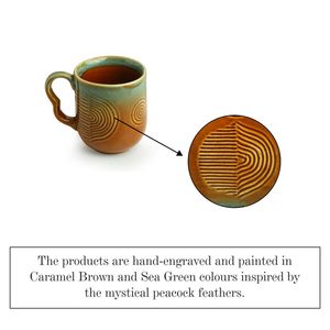 Peacock Boulevard Hand-Engraved <b>Ceramic</b> Coffee Tea <b>Cups</b> Modern 180 ML Microwave Safe Set of 6 Caramel Brown & Sea Green India - Product Image 1
