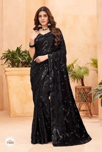 Saree de imitación Georgette de lujo para mujer de Bollywood, hermoso diseño floreciente con trabajo de punto de bordado de secuencia de doble ejecución - Product Image 5