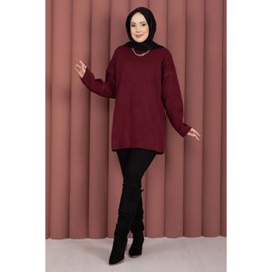 เสื้อทูนิคไหมพรมทรงหลวมสีแดงเบอร์กันดี คอวี แขนยาว สไตล์ลำลองสำหรับฤดูใบไม้ร่วง - Product Image 3