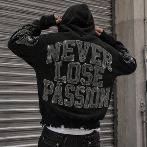 Sudadera con capucha extragrande de algodón 100% con cremallera, estampado casual personalizado, pedrería y bordado, estilo urbano, OEM ODM - Product Image 5