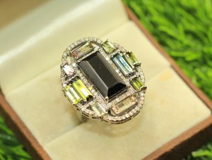 Bague cocktail en argent sterling 925 avec tourmaline naturelle multicolore et diamant taille unique, plaquée rhodium, sertie à griffes, pour soirée de luxe - Product Image 2
