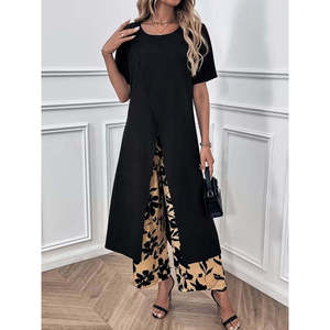 Women's Short-Sleeved <b>Viscose</b> Long Blouse with Front Cross Detail and Patterned Two-Thread <b>Trousers</b> Two-Piece Set, 35782 - Black - Product Image 3