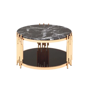 Table basse ronde en marbre noir de luxe avec base en métal doré, pièce maîtresse moderne pour le salon, design de finition haut de gamme - Product Image 1