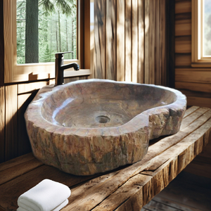Lavabo de Piedra Natural de Río, Diseño Ovalado Tradicional, Un Solo Orificio, Uso en Hoteles, con Desagüe, Grifo y Manija, para Interiores y Exteriores - Product Image 4