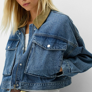 Veste en jean déchirée courte de haute qualité pour femmes Bleu moyen Boutonnée Décontractée Tissu en jean tissé - Product Image 2