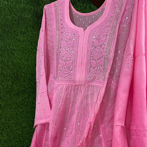 Premium Mul Chanderi <strong>Silk</strong> Tunic Kurta Set Knee-Length Semi-Stitched Dyeable Solid Lucknowi Chikan Mukesh Work Includes <strong>Dresses</strong> - Product Image 1