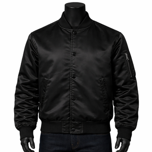 Chaqueta Bomber Negra de Satén 100% Poliéster Personalizada al por Mayor con Botones a Presión, Ligera, Informal, de Moda Urbana - Product Image 1