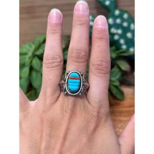Anillo de Plata de Ley para Hombre con Incrustaciones de Turquesa y Coral Navajo, Chapado en Oro Rosa y Rodio, Talla 10.75, Regalo - Product Image 2