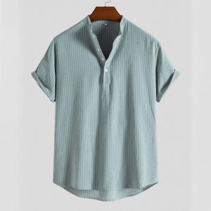 Chemise d'été pour homme à rayures, couleur unie, col montant, boutonnée, manches courtes, décontractée - Product Image 5