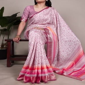 Sari de Seda Tussar para Mujer VASTRA COTTAGE con Borde de Viscosa, Diseño Estampado, con Blusa a Juego, Ropa Festiva, Venta al por Mayor - Product Image 4