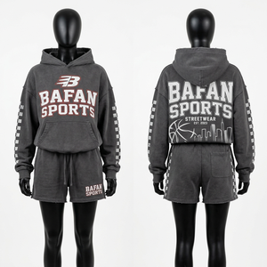 Conjunto de Sudadera con Capucha y Pantalones Cortos para Mujer, Premium, 320 GSM, Algodón y Poliéster, Felpa, Color Carbón Lavado, Panel a Cuadros, Logotipo Serigrafiado - Product Image 1