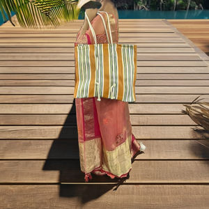 Sac cosmétique de plage recyclé Handloom personnalisé écologique Sac à provisions en plastique tissé à rayures à la mode avec poignées en corde de coton - Product Image 3