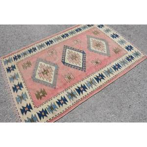 Tapis turc vintage motif Kilim rose bleu 4x6,2 pieds grande surface Rectangle laine jonc de mer matériel Latex pour couloir chambre décor - Product Image 2