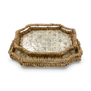 Plateau en nacre incrustée fait à la main avec bord en jacinthe d'eau pour servir de la nourriture, décoration de table et décoration de la maison - Product Image 3