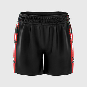 Pantalones cortos de cintura media unisex, diseño de punto por sublimación, poliéster negro sólido, servicio OEM, logotipo personalizado de género para hombres y mujeres - Product Image 2