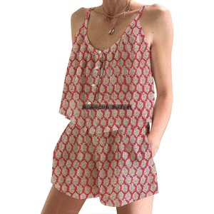 Conjunto de Pijama de Shorts Indio de Lujo Estampado a Mano, Algodón Puro de Alta Calidad, Primavera/Verano, Ajustado, con Tirantes, Sin Mangas - Product Image 6