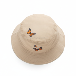 Trendy Beige Butterfly Embroidery Bucket <b>Hat</b> - Unisex Cotton Butterfly Print Fisherman Cap - Fashionable Aesthetic <b>Summer</b> Sun - Product Image 1