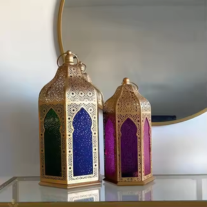 Handcrafted Metal Iron <b>Lantern</b> <b>Gold</b> Finished Colorful Glass Candle Holder in 2 Pcs Deferent Size by decor impex - Product Image 1