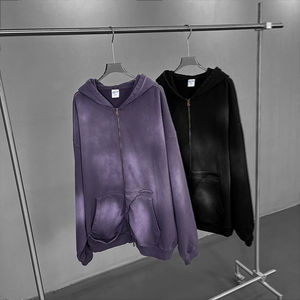 Sweat à capuche zippé surdimensionné en coton 100% avec broderie personnalisée OEM, effet délavé vintage, délavé au soleil, streetwear pour hommes - Product Image 1