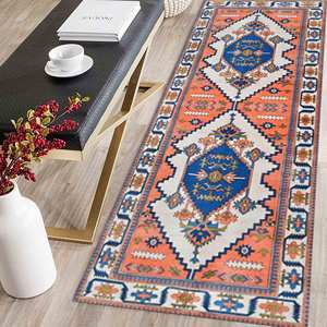 Alfombra Tribal Azul Marino y Naranja: Alfombra Estampada con Diseño Azteca Anatolino, Alfombra Suave No Tejida - Product Image 4