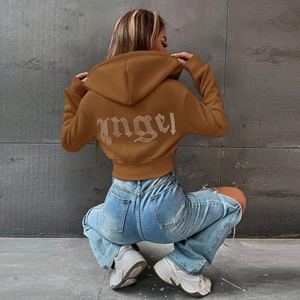 Women <b>Zip</b> <b>Up</b> Fleece Rhinestone Hoodie <b>Crop</b> Soft Warm Breathable Streetwear Fashion Vintage Embroidery Patch Cozy Hoodie - Product Image 3