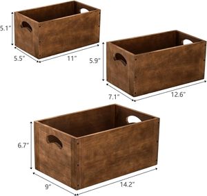 Juego de 3 cajas de madera anidadas Caja de madera con asa Rústico Marrón Decorativo Cajas de almacenamiento de madera Contenedor apilable - Product Image 5