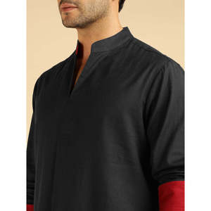 Amanush <b>Men's</b> Black Solid Cotton Co-Ord Set Red Cuff Detail Kurta With Ankle Length Pant Casual Wear Summer 2 Piece Outfit - Product Image 2