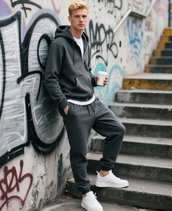 Custom 380GSM Cotton Poly Blend Tracksuit Men Zip <b>Hoodie</b> Joggers Set Screen <b>Printed</b> Solid Navy Blue Activewear Outfit - Product Image 6