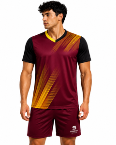 ชุดเสื้อฟุตบอลชาย SINEWY SPORTS สีแดงเลือดหมู ดำ เหลือง คอวี แขนสั้น ระบายเหงื่อได้ดี แห้งเร็ว ทรงสปอร์ต - Product Image 5