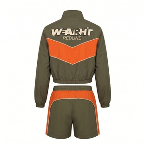 Nylon Tracksuit Set Cropped Zip Up Chevron Panel Racing Jacket and <b>Shorts</b> Two Piece Olive <b>Orange</b> Custom Logo OEM - Product Image 2